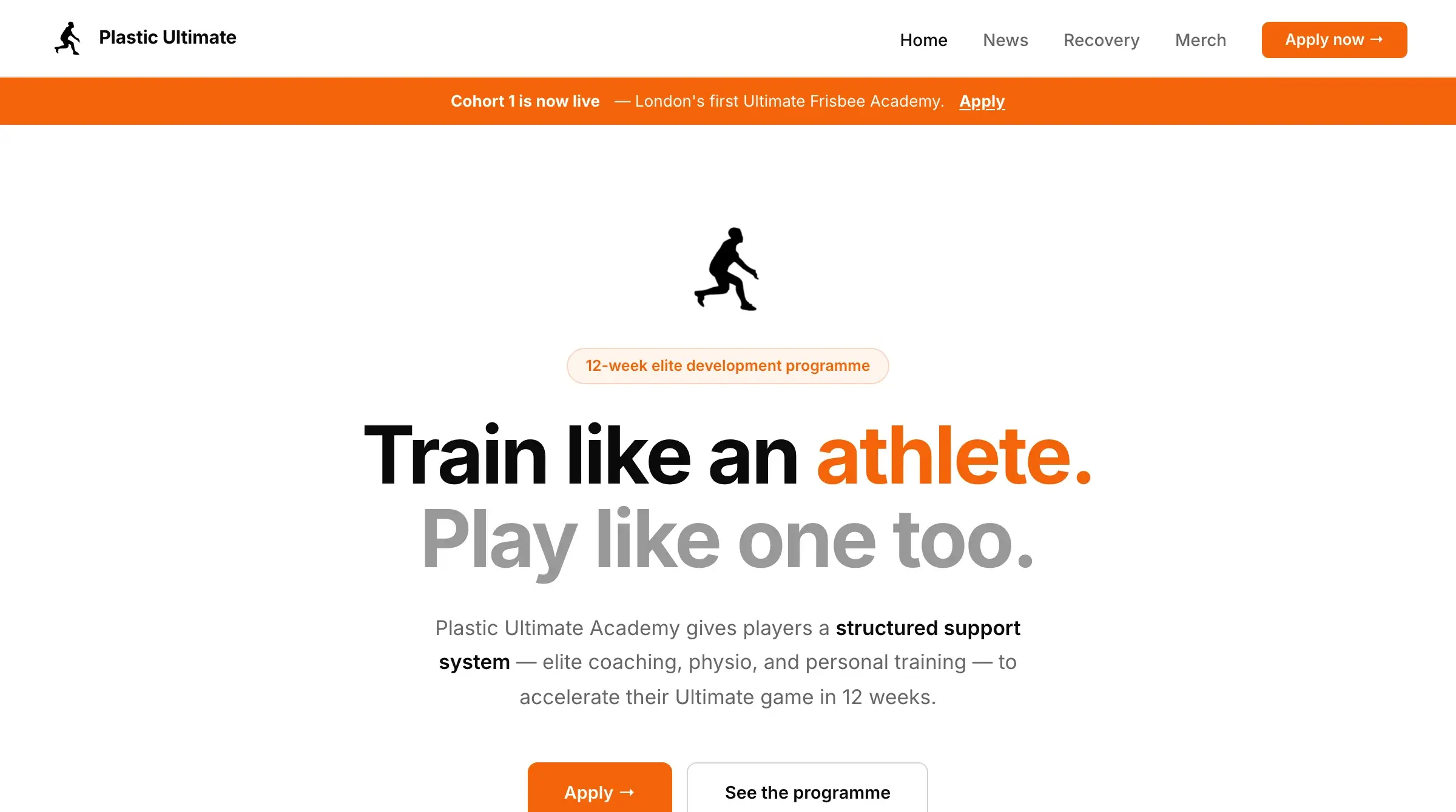 The Plastic Ultimate Academy home page: “Train like an athlete. Play like one too.” in black and orange, above the apply and programme buttons.